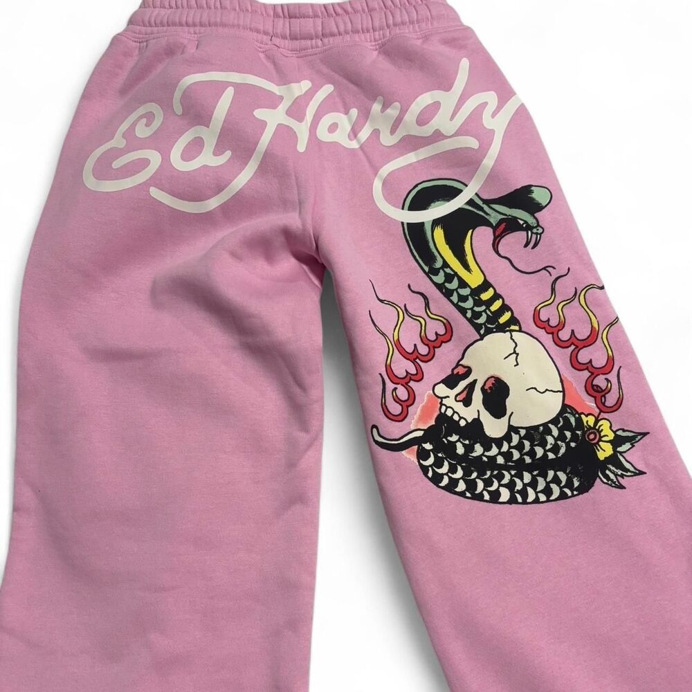 Authentic Ed Hardy pink sweatpants with skull and snake graphic
